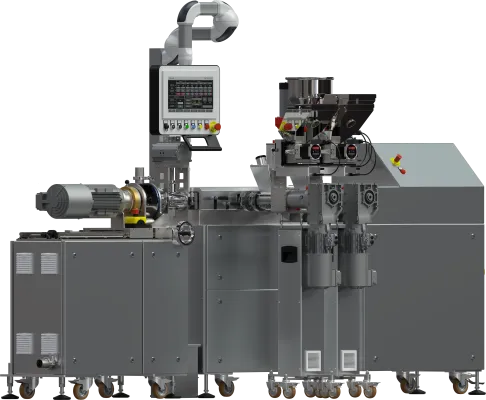 Laboratoryjna linia do granulacji z wytłaczarką 2x24 mm (Cięcie przy głowicy z chłodzeniem powietrznym).