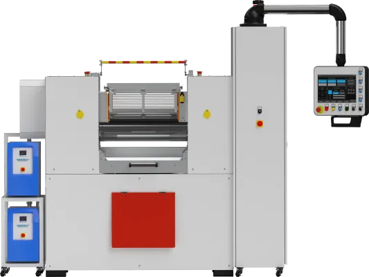 Walcarki laboratoryjne LM-250/500 gumy z dwoma wodnymi agregatami grzewczo-chłodzącymi.