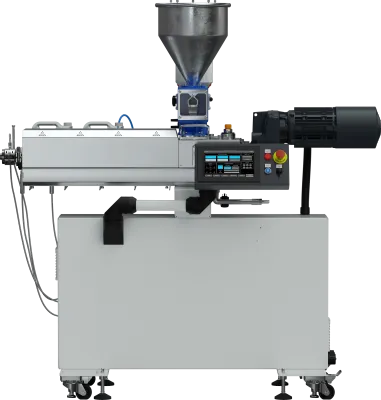 Wytłaczarka laboratoryjna LE-1S 25 mm z dozownikiem grawimetrycznym oraz dozownikami płynów.