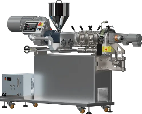 Wytłaczarka jednoślimakowa do żywności LEF-1S 45 mm wyposażona w termostatowany moduł cięcia przy głowicy.