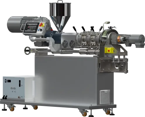 Wytłaczarka jednoślimakowa do żywności LEF-1S 45 mm wyposażona w termostatowany moduł cięcia przy głowicy.