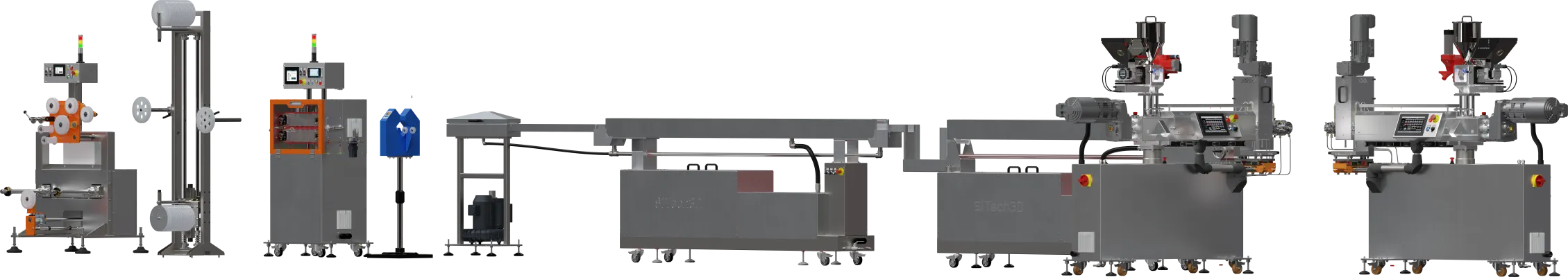 Linia do produkcji filamentu z dwoma wytłaczarkami fi 32mm do wytłaczania dwukomponentowego typu rdzeń - płaszcz poprzez powlekanie rdzenia, przystosowana do automatyzacji procesu.