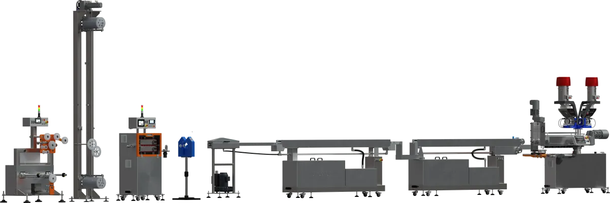 Linia do produkcji filamentu z wytłaczarką fi 32mm i magazynem o dużej pojemności 150m/min, przystosowana do automatyzacji procesu [Prawa-1.