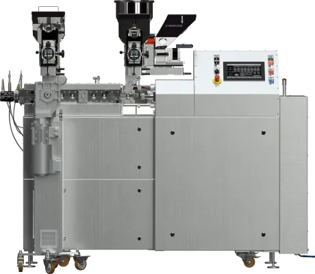 Wytłaczarka laboratoryjna LE-2CC 2x16 mm z dozownikami grawimetrycznymi oraz podajnikiem bocznym.