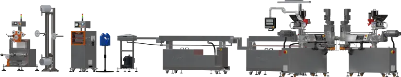 Linia do produkcji filamentu z dwoma wytłaczarkami fi 32mm do wytłaczania dwukomponentowego typu rdzeń - płaszcz do druku 3D w jednej głowicy, przystosowana do automatyzacji procesu.