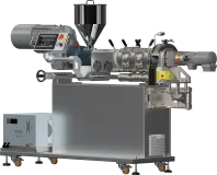 Wytłaczarka jednoślimakowa do żywności LEF-1S 45 mm wyposażona w termostatowany moduł cięcia przy głowicy.