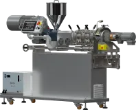 Wytłaczarka jednoślimakowa do żywności LEF-1S 45 mm wyposażona w termostatowany moduł cięcia przy głowicy.