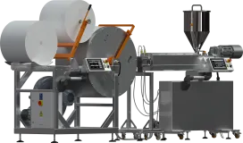 Stanowisko do wytwarzania włókniny metodą wytłaczania z rozdmuchem [Melt blown].