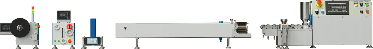 Miniaturowa linia do wytłaczania z wytłaczarką dwuślimakową oraz podajnikiem bocznym. Miniaturowa linia do wytłaczania z wytłaczarką dwuślimakową oraz podajnikiem bocznym.