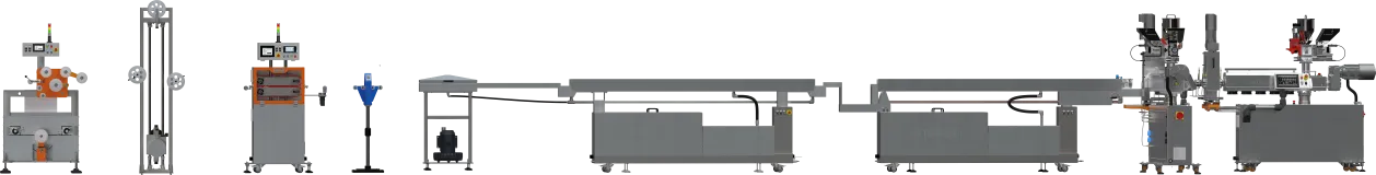 Linia do produkcji filamentu z dwoma wytłaczarkami fi 32mm do wytłaczania dwukomponentowego typu rdzeń - płaszcz poprzez powlekanie rdzenia, przystosowana do automatyzacji procesu-1.