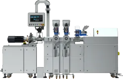 Laboratoryjna linia do granulacji z wytłaczarką 2x24 mm (Cięcie przy głowicy z chłodzeniem powietrznym).