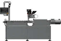 Wytłaczarka laboratoryjna LE-2C 2x32 mm z dozownikiem grawimetrycznym i dozownikiem granulek.