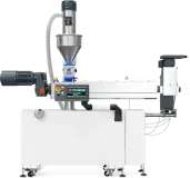 Wytłaczarka laboratoryjna LE-1S 32 mm z podajnikiem grawimetrycznym oraz pompą tworzywa-lewa.