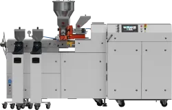Modułowa wytłaczarka laboratoryjna LE-2CC 2x24 mm  z granulatorem przy głowicy oraz podajnikami bocznymi i grawimetrycznymi.