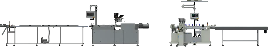 Linie do wytłaczania peletów oraz dwukomponentowych rurek medycznych z nożami obrotowymi. Linie do wytłaczania peletów oraz dwukomponentowych rurek medycznych z nożami obrotowymi.
