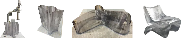 Wydruki z drukarki 3D karmionej granulatem zbudowanej na podstawie robota przemysłowego.