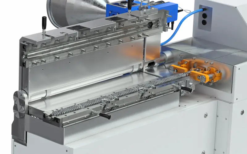 Laboratoryjna wytłaczarka dwuślimakowa LE-2CC SiTech3D z otwartym dzielonym cylindrem i widocznymi ślimakami