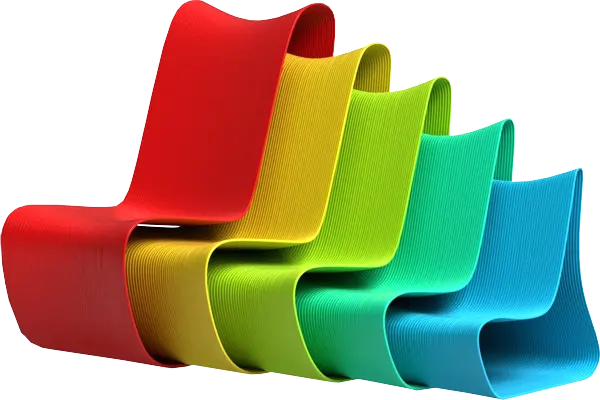 Krzesła wydrukowane za pomocą drukarki 3D przeznaczonej do druku części o dużych gabarytach.