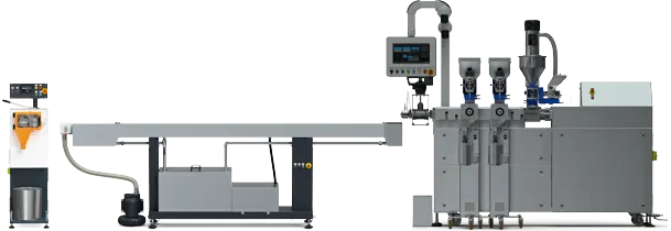 Linia do granulacji z wytłaczarką dwuślimakową 2x24 mm wyposażoną w systemy dozowania bocznego oraz grawitacyjnego oraz z granulatorem, chłodzona wodą.