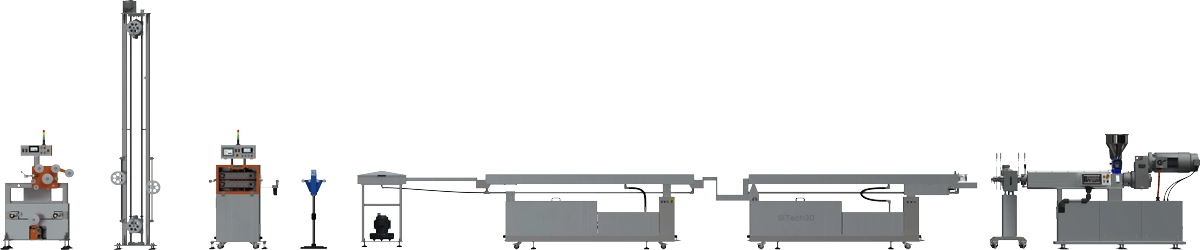  Linia do wytłaczania filament&oacute;w do drukarek 3D. Linia jest wyposażona w wytłaczarkę jednoślimakową 45mm, kt&oacute;ra umożliwia wytłaczanie filament&oacute;w z wysoką wydajnością.