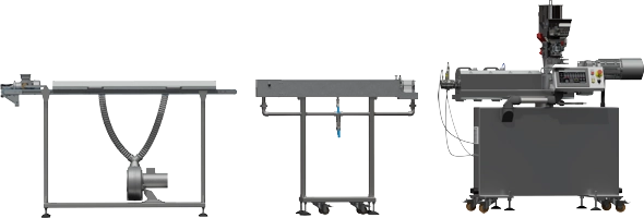 Przykładowy zestaw linii do wytwarzania i badań polimer&oacute;w w postaci filament&oacute;w oraz innych profili z wytłaczarką jednoślimakową 25mm.