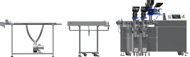 Przykładowy zestaw linii do wytwarzania i badań polimer&oacute;w w postaci filament&oacute;w oraz innych profili z wytłaczarką dwuślimakową 2x24mm.