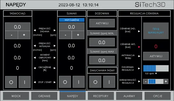  Widok ekranu sterowania wytłaczarki SiTech3D umożliwiającego synchronizacje pracy z dozownikami grawimetrycznymi.