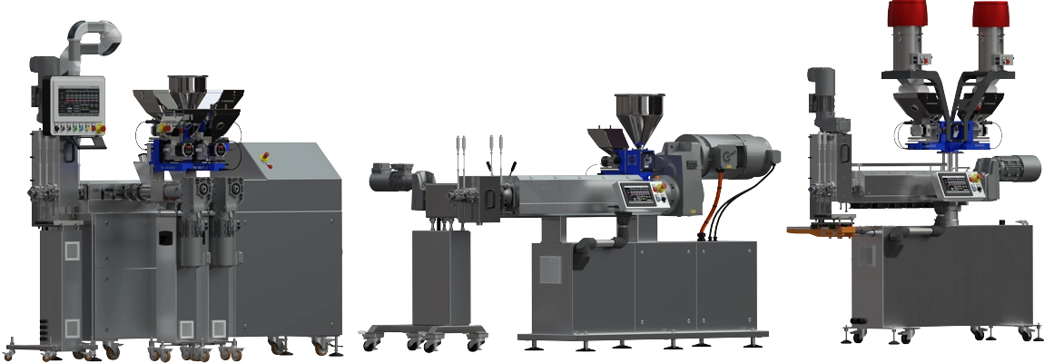 Wytłaczarki LE-2CC 2x24mm, LE-1S 45mm, LE-1SF 32mm dedykowane do produkcji filamentów 3D z pompami stopionego tworzywa.